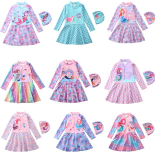 鱼鳞美人鱼女学生游泳衣 裙式 儿童泳衣女童连体泳装 中大童长袖