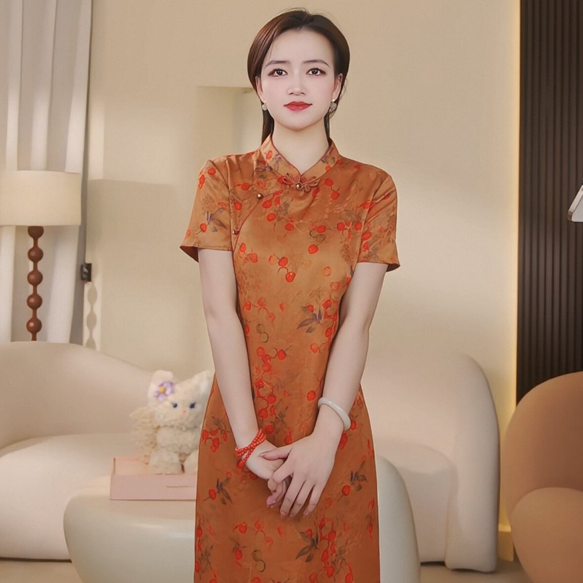 【贺贺Hehe】锦月丝府桑蚕丝红云纱花萝荔枝连衣裙FW86D701-1