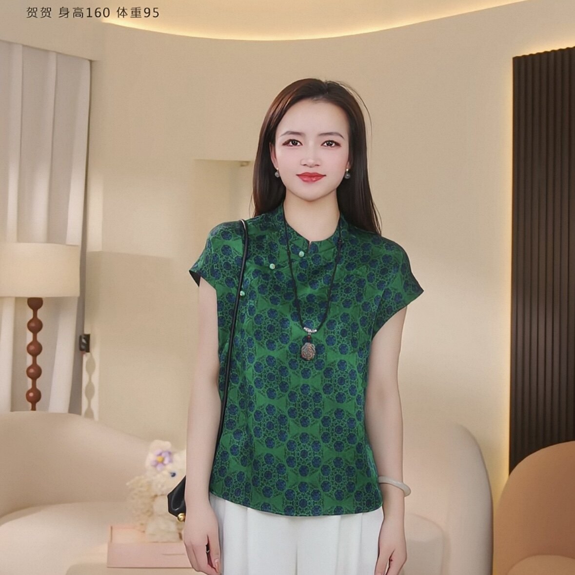 【贺贺Hehe】锦月丝府香云纱花萝喷绘桑蚕丝偏襟上衣FW86A727-2