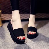 夏 软底夏季 女士凉拖鞋 海绵拖鞋 泡沫底松糕跟厚底坡跟一字拖鞋 防