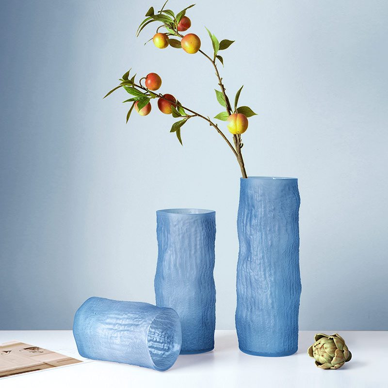 磨砂褶皱玻璃花瓶插花直筒瓶创意莫兰迪色烛台客厅餐桌样板间装饰