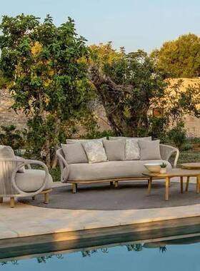 跨境户外柚木沙发庭院室别墅外具防水防晒柚木藤外编沙发组PZO户
