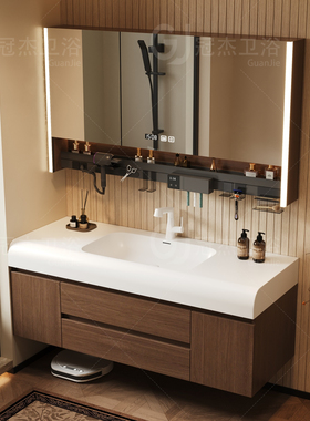 2025新款中古风浴室柜组和卫生间胡桃木洗手盆洗漱台柜肤感一体盆