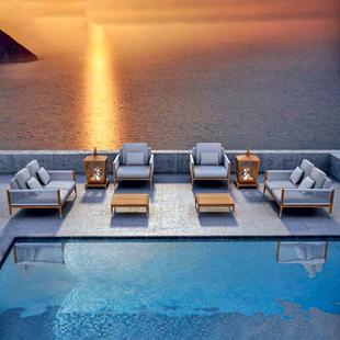 跨境户外室柚木沙墅发茶几组合别酒店外实木藤编沙发571庭院户藤