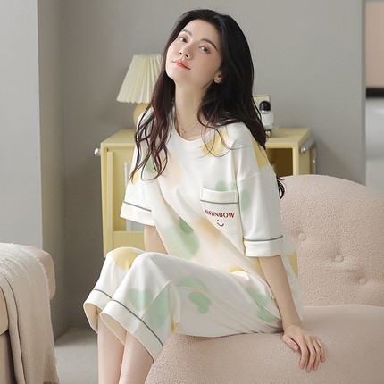 100%纯棉睡衣女夏季短袖七分裤韩版学生可外穿全棉甜美家居服套装