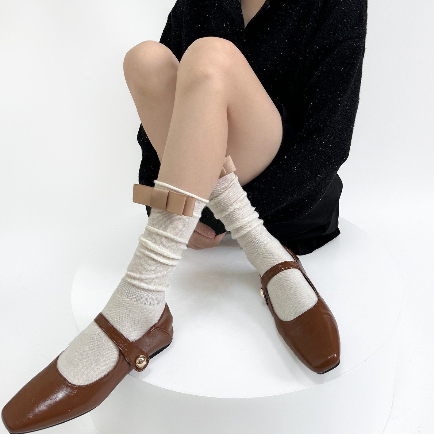 秋季卷边堆堆小腿袜女甜美一字结中筒袜柔软少女袜子简约百搭春秋