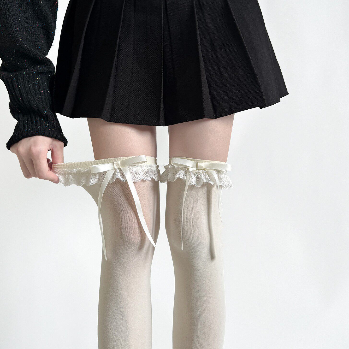 春秋奶白长筒袜子女天鹅绒甜美花边过膝袜lolita蝴蝶结日系高筒袜