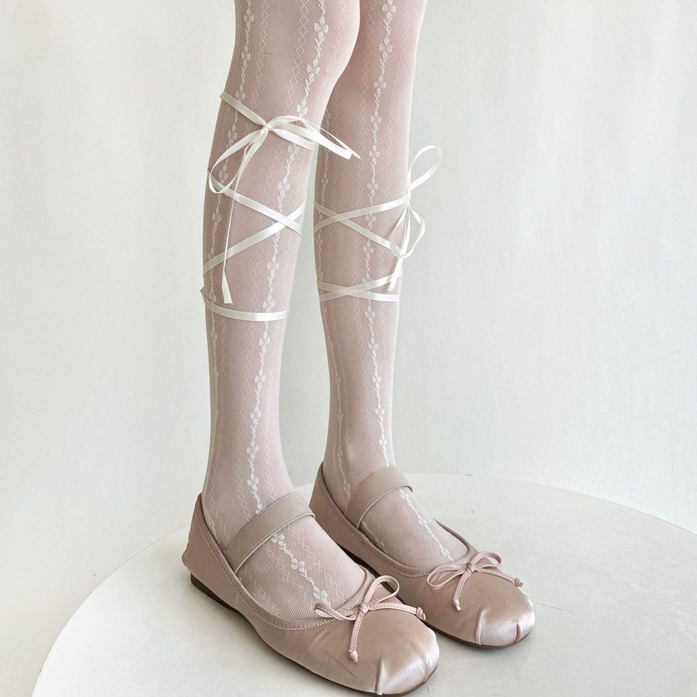 日系新品春夏甜美纯欲风奶白绑带四叶草丝袜芭蕾风少女美腿打底袜