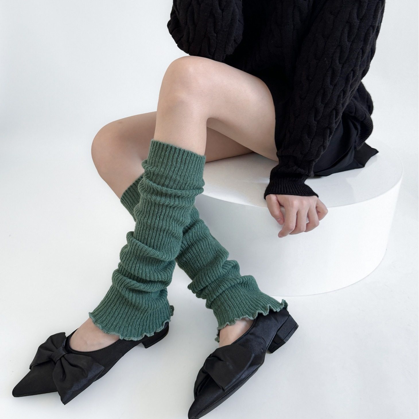 春秋毛线袜套木耳边保暖百搭秋冬小腿袜套袜中筒堆堆袜多巴胺袜子