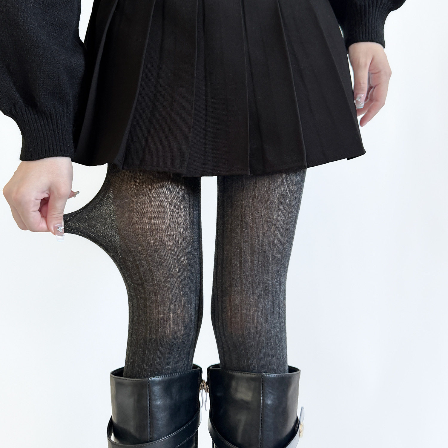 黑灰色连裤袜女春秋微透miu系薄款打底裤宽条秋冬美腿显瘦外穿女