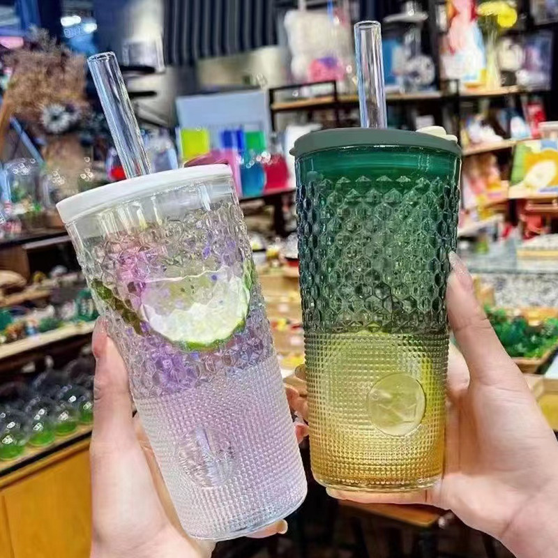 大容量带吸管玻璃女王杯炫彩高硼硅耐高温杯子ins风饮料水果茶杯