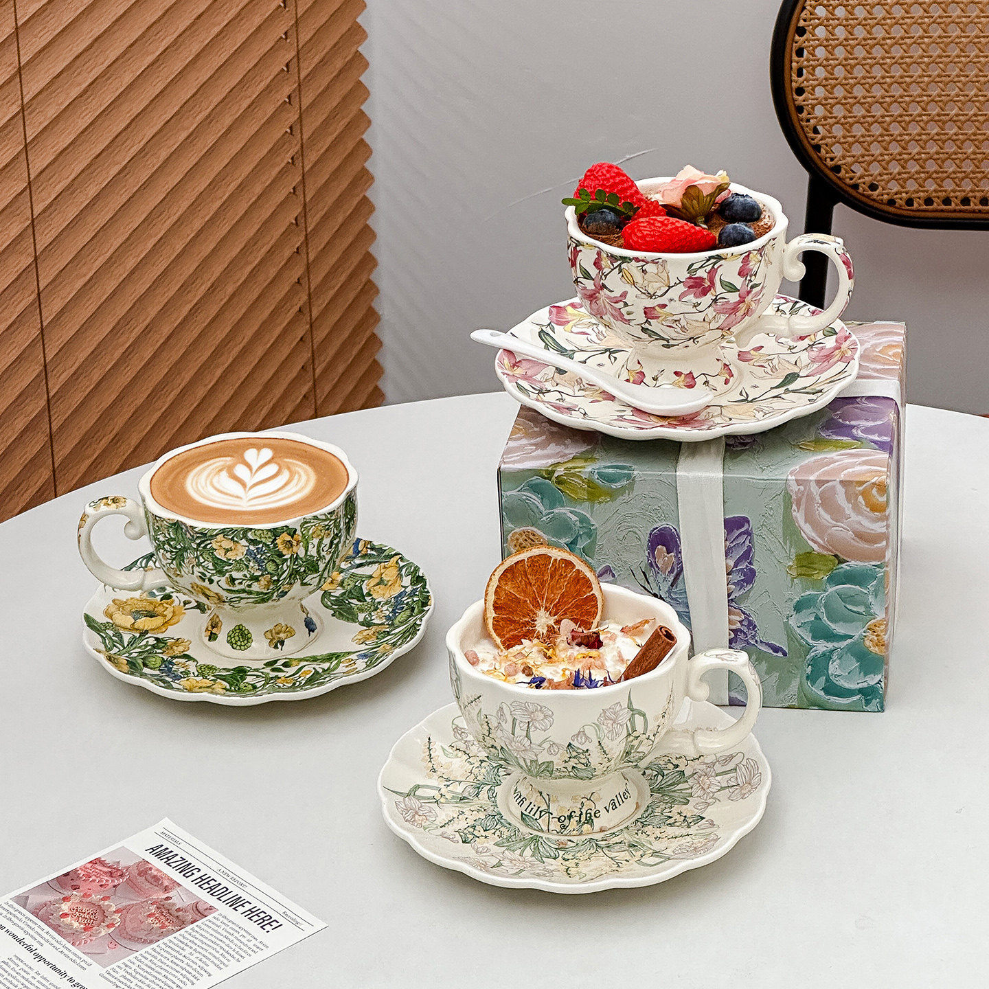 复古陶瓷杯碟套装百合花高颜值咖啡杯送女生礼物高档下午茶马克杯