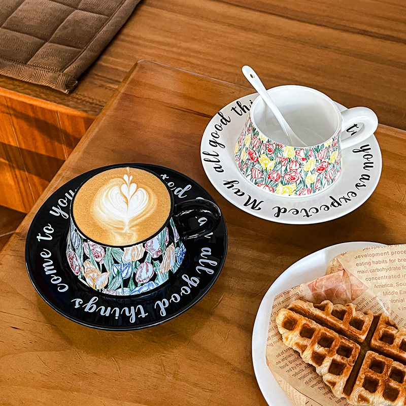 满城花开法式复古手绘插画设计咖啡杯碟套装郁金香下午茶拿铁杯子