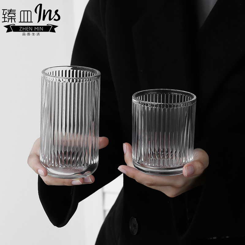 ins风条纹玻璃杯 网红餐厅果汁杯奶茶饮料杯咖啡厅咖啡杯喝水杯子