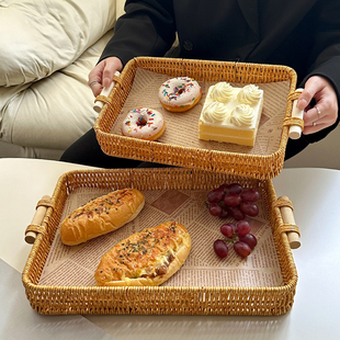零食摆放盘家用水果盘下午茶点心盘仿藤编托盘馒头筐面包篮干果盘