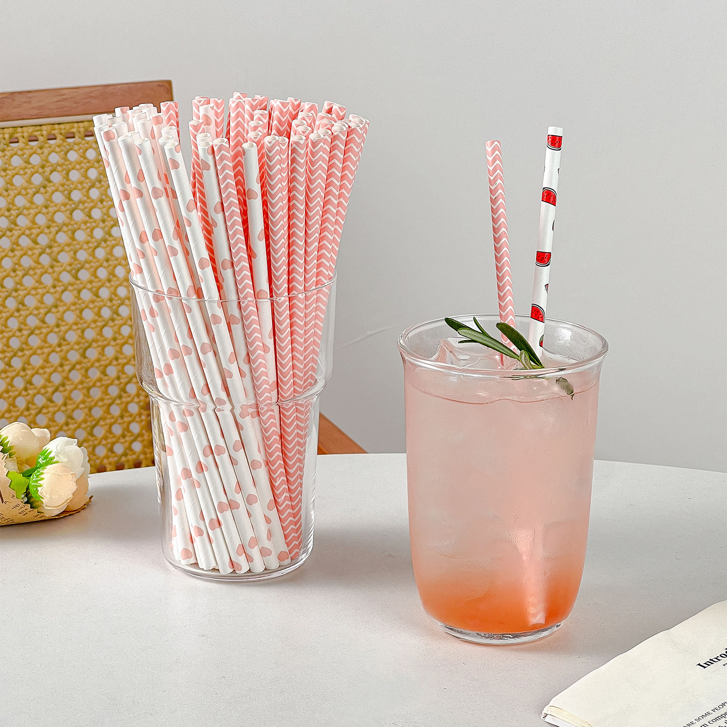 彩色纸吸管100支一次性环保可降解纸质细吸管果汁奶茶饮料纸吸管