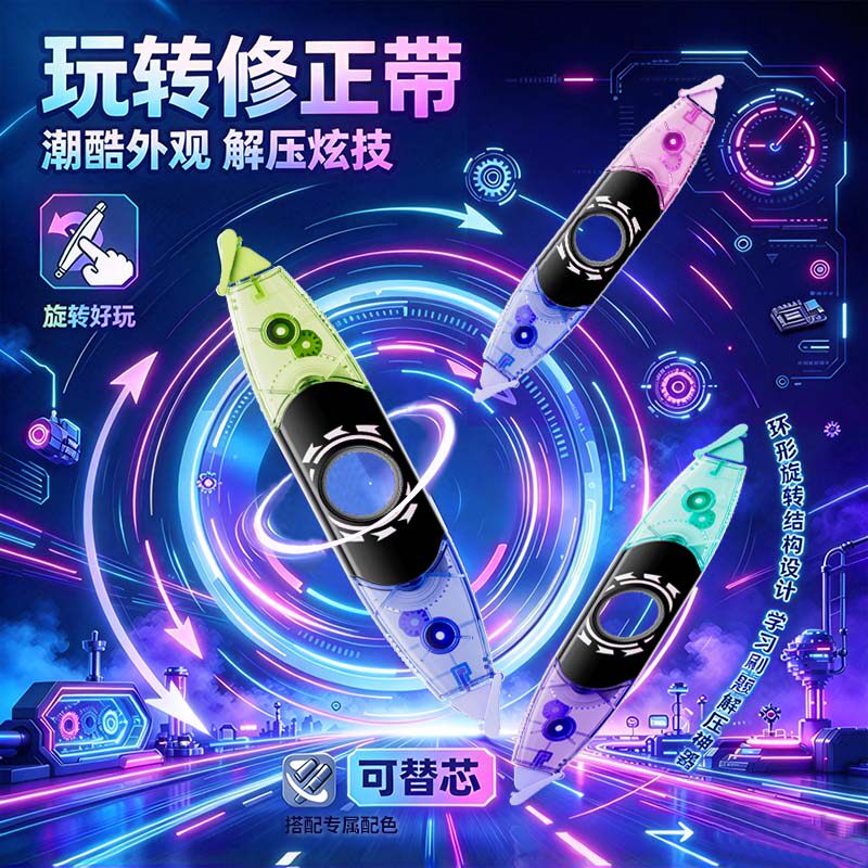 乐普升玩转修正带解压指尖陀螺旋转改正带DIY笔式双头大容量轻音涂改小学生初中生可换替芯炫酷赛博风改错带