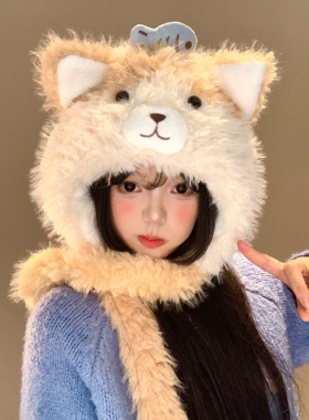可爱小鱼猫咪耳朵毛绒帽子女秋冬季显脸小保暖防寒加厚护耳雷锋帽