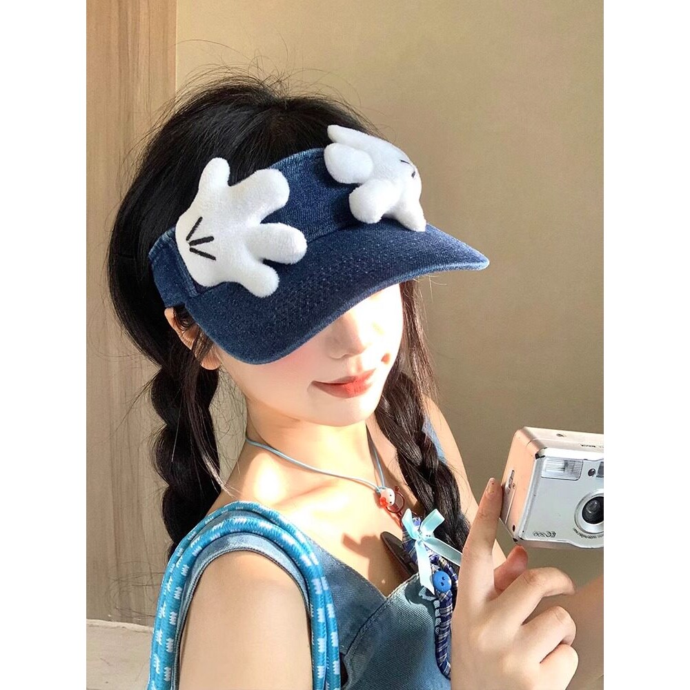 可爱米奇小手捂脸牛仔空顶防晒帽女夏户外出游遮阳帽卡通太阳帽子