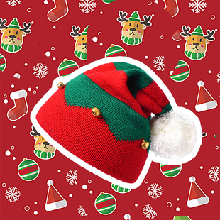 儿童圣诞节男童帽子秋冬季装饰铃铛针织毛线帽圣诞礼品红色女宝宝