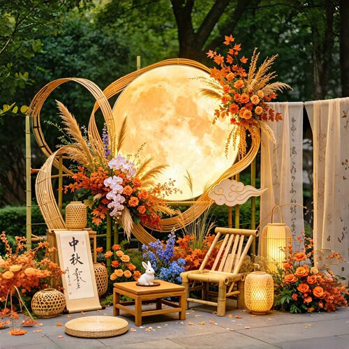 中秋节景区民宿庭院新中式布置