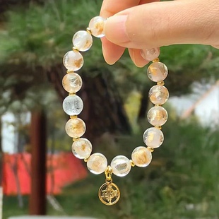 上海景区金箔琉璃手串粉色白水晶心经男女款转运珠手链饰品礼物