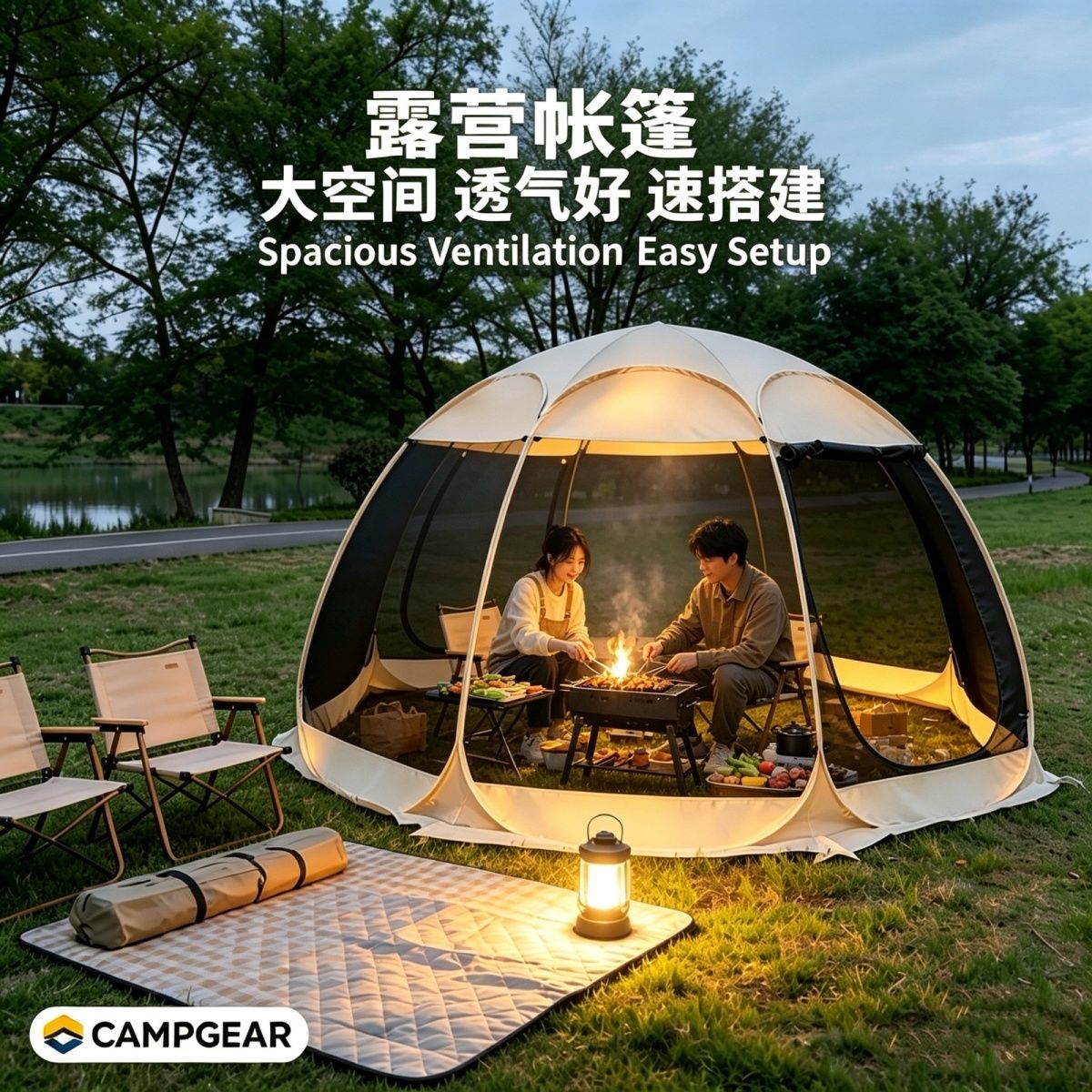 户外网纱帐篷露营蚊帐自动速开穹顶天幕防晒遮阳庭院防蚊虫凉棚
