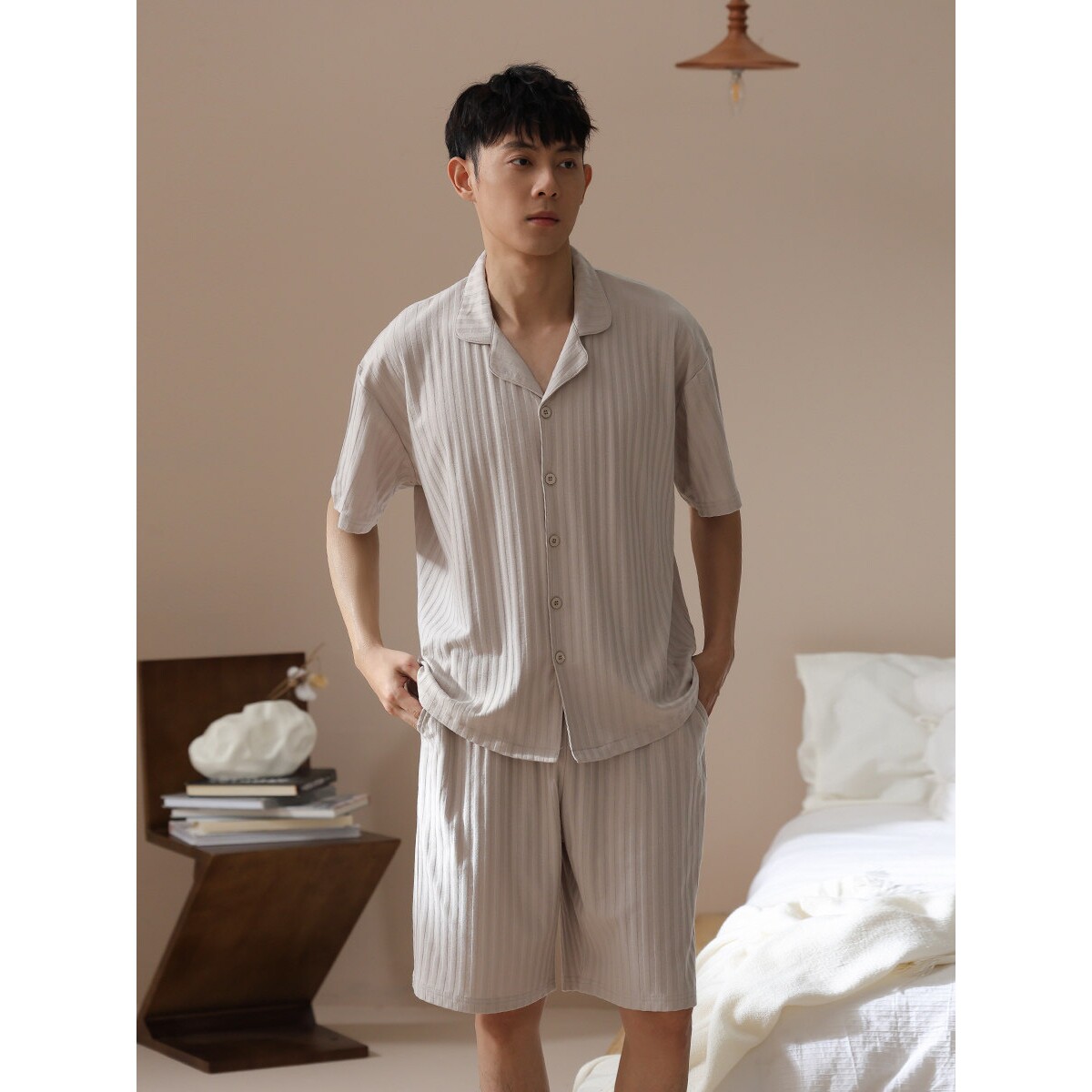 全棉纯棉男士睡衣夏季纯棉短袖短裤薄款家居服休闲条纹开衫大码可