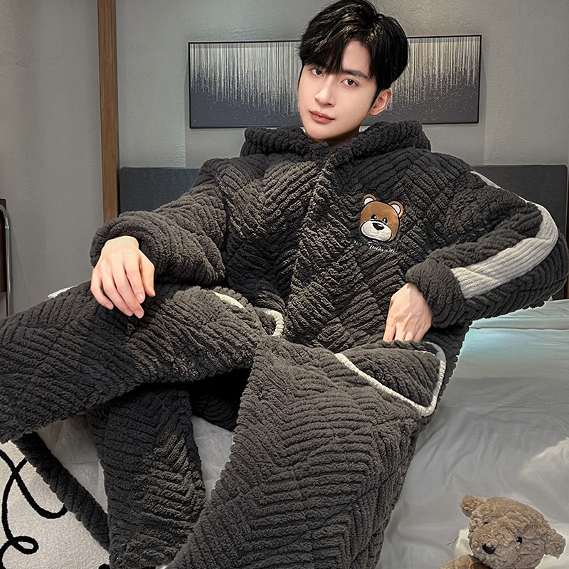 男士睡衣秋冬季珊瑚绒三层夹棉加绒加厚长款睡袍男生青少年家居服