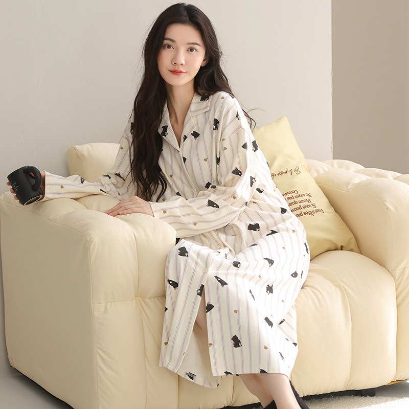 纯棉睡裙女士长袖春夏秋冬季中长款连衣裙大码全棉休闲睡衣家居服