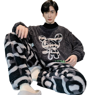 新款珊瑚绒睡衣套装男士