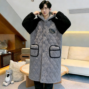 男士睡衣秋冬季珊瑚绒加厚加绒冬天长款睡袍三层夹棉家居服套装生