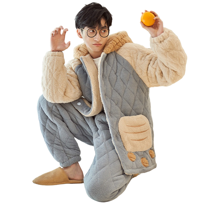 三层夹棉夹棉睡衣套装男士