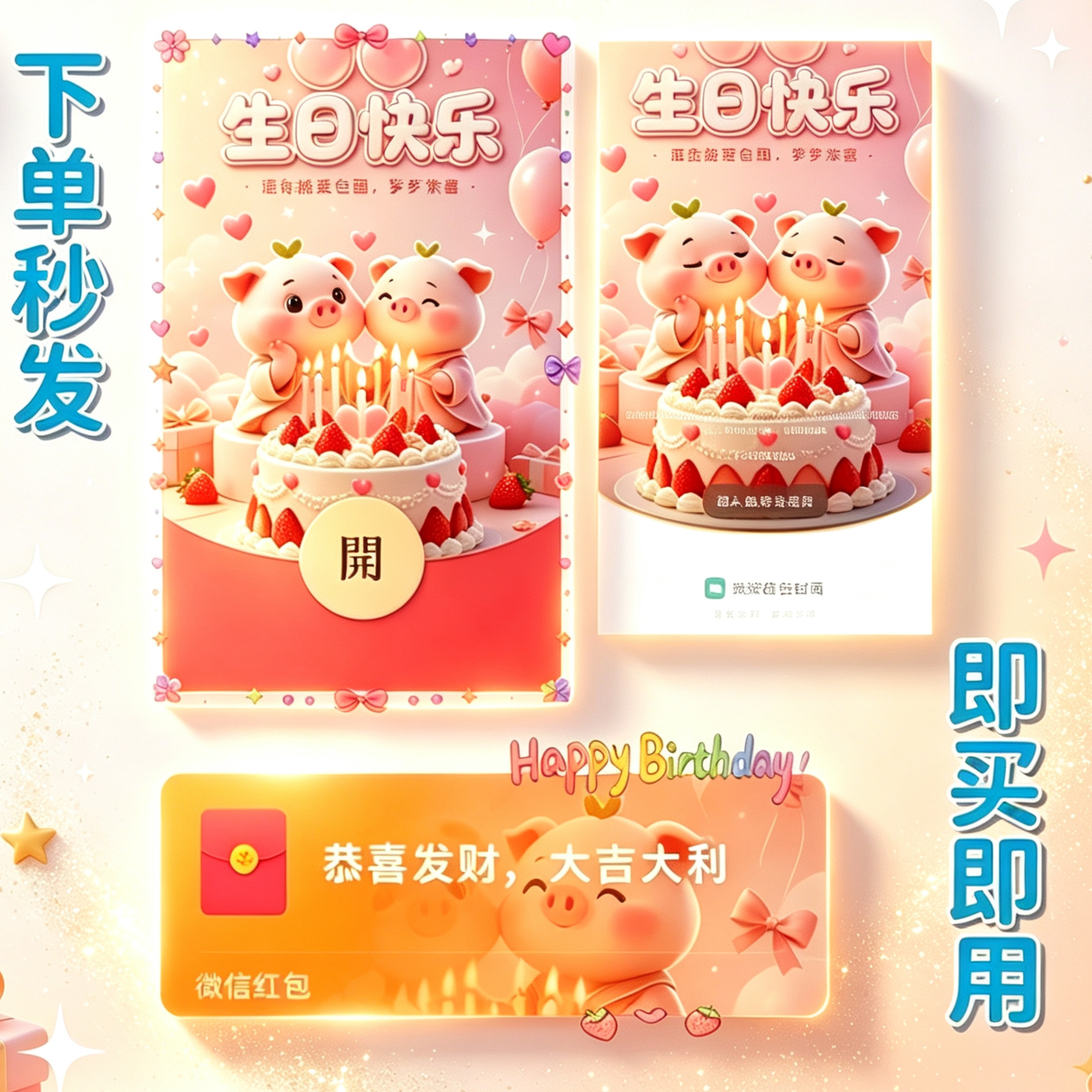 生日快乐动态红包封面设计素材卡通小猪草莓蛋糕NEW广告平计