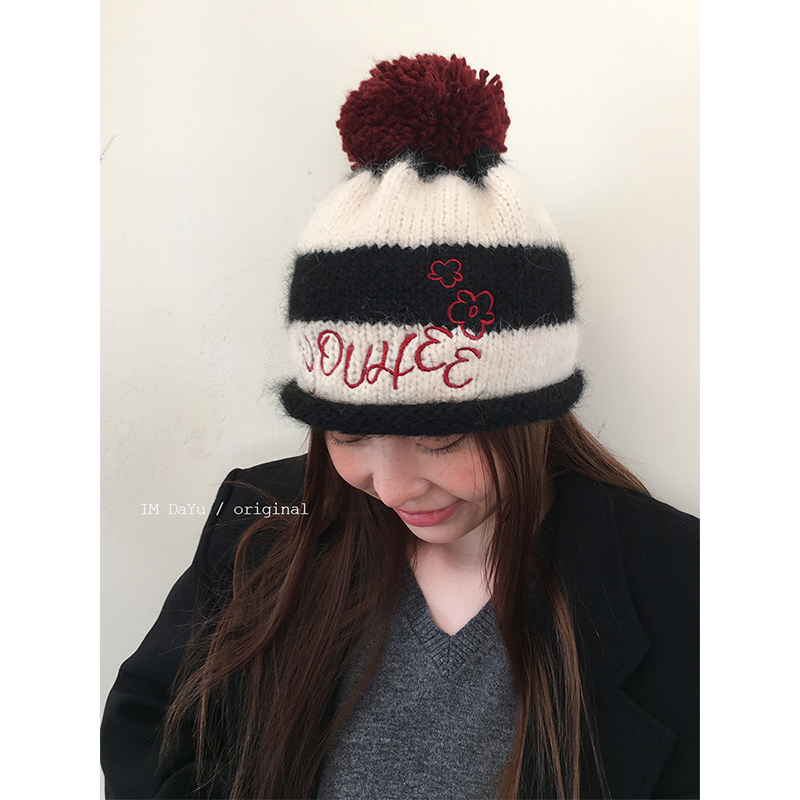 韩国复古少女拼色针织包头帽