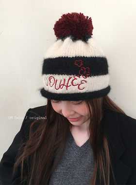 DaYu 韩国复古少女拼色针织包头帽ins秋冬圣诞护耳保暖套头帽百搭