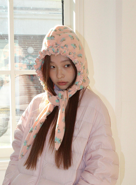 DaYu软糯泡芙花边系带巴拉克拉法帽女可爱小花复古保暖围巾套头帽