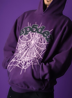 web sp5der purple hoodie 明星同款蜘蛛网印花紫色嘻哈连帽卫衣