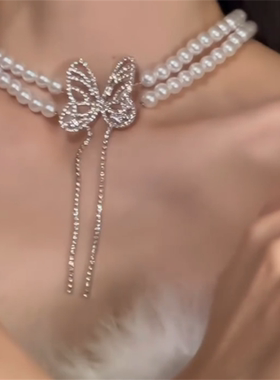 满钻蝴蝶流苏珍珠项链女