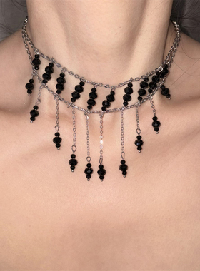 黑色串珠多层流苏项链女