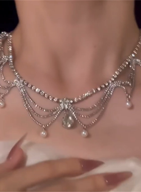 o银色锆石水滴珍珠项链女