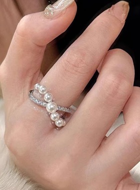 珍珠锆石交叉戒指女款