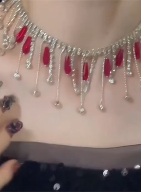 红色水晶闪钻流苏项链女轻奢