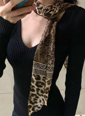 辣妹豹纹丝巾飘带围巾女