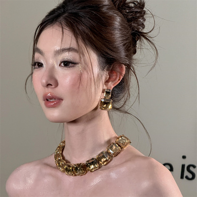 欧美夸张方形镶钻高级耳环项链