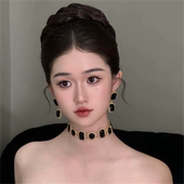 zoozmomo欧美宫廷中古风项链耳环配饰女黑色方形几何金属锁骨链潮