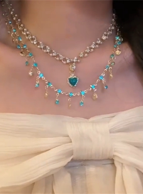 双层蓝色爱心贝壳流苏项链女