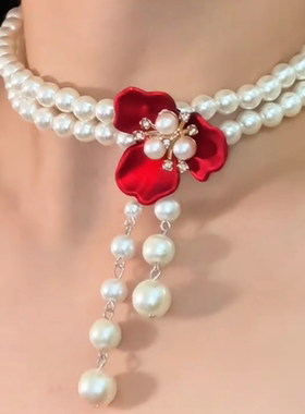 红色花朵双层珍珠流苏项链