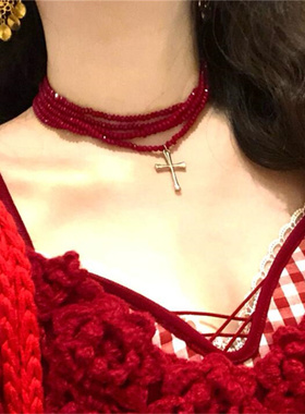 甜酷辣妹红色串珠十字架多层项链