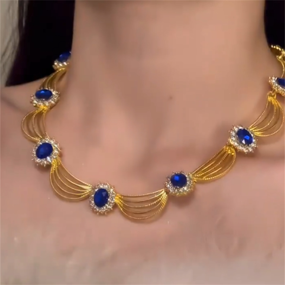 中古vintage蓝色项链耳钉套装